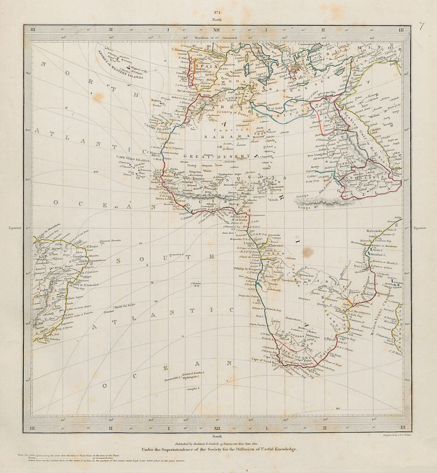 AFRICA Brazil Atlantic Gnomonic Projection Mountains of Kong SDUK 1844 old map